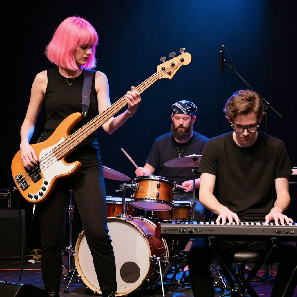 Three musicians on stage: a tall woman with short pink hair 