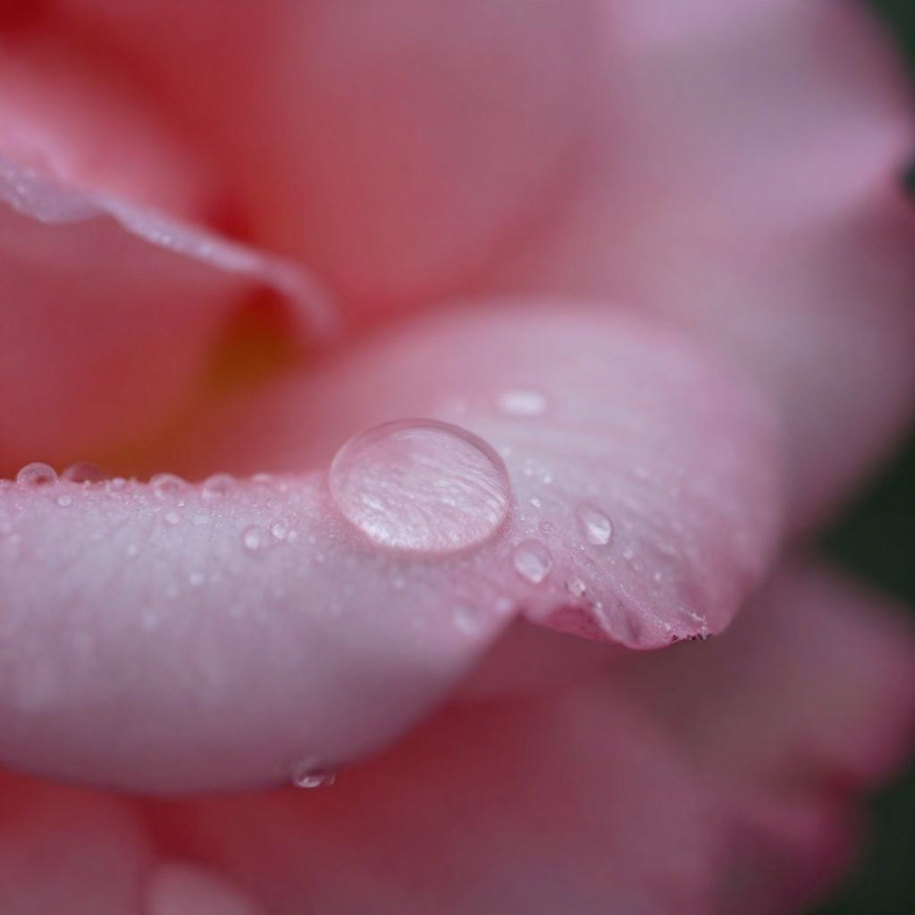 A close-up macro shot of a single dewdrop on a rose petal, s