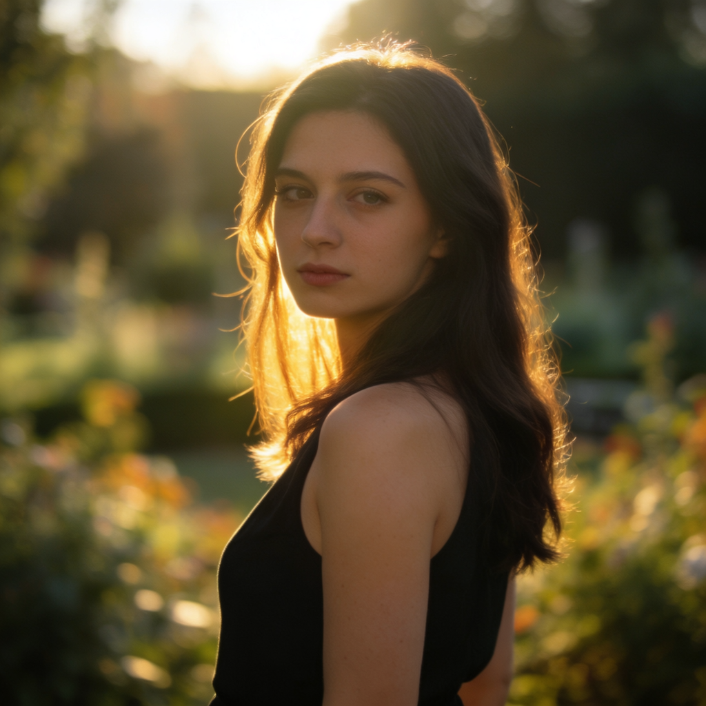 A portrait shot at 85mm f/1.4 with creamy bokeh background, 