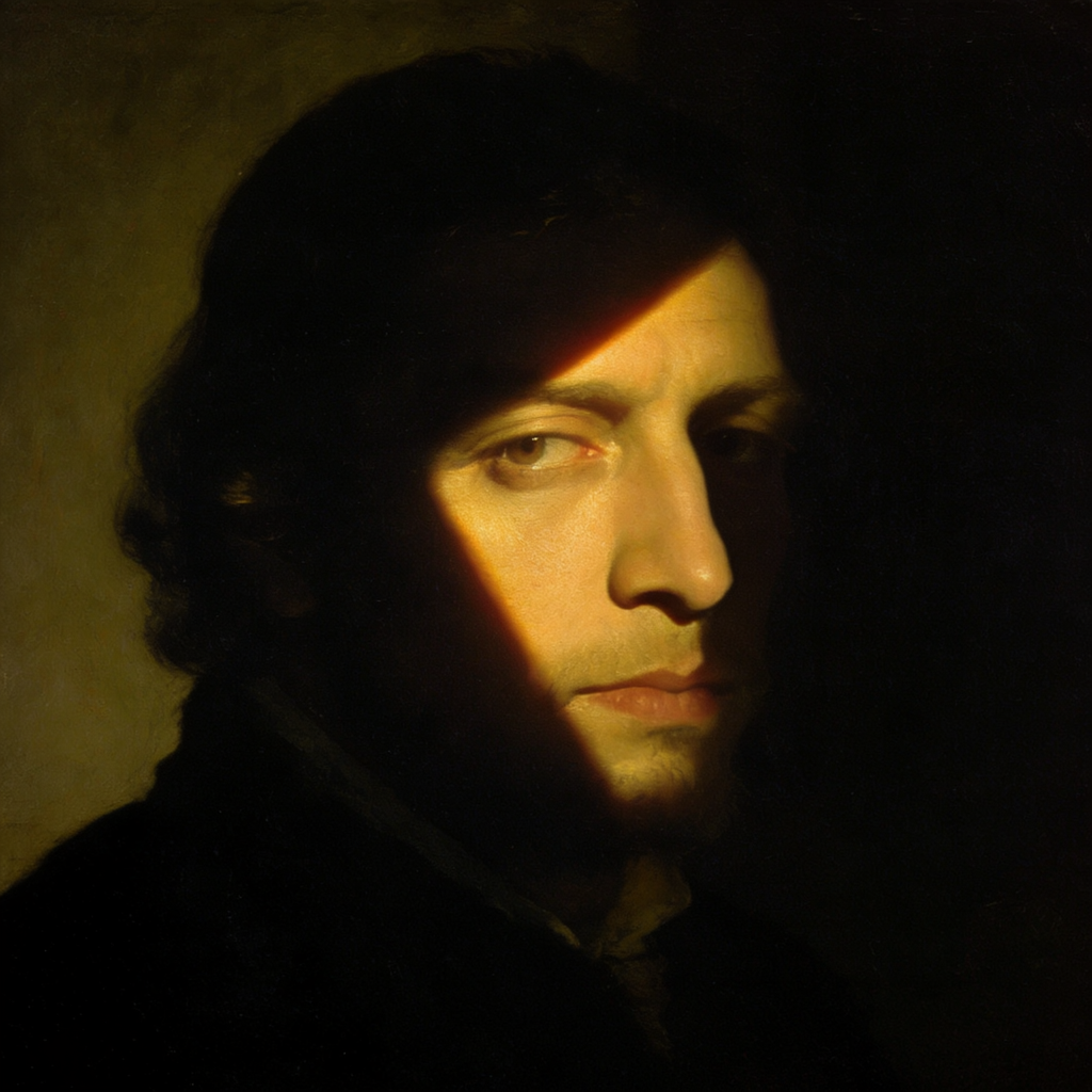 A portrait lit with classic Rembrandt lighting — triangle of