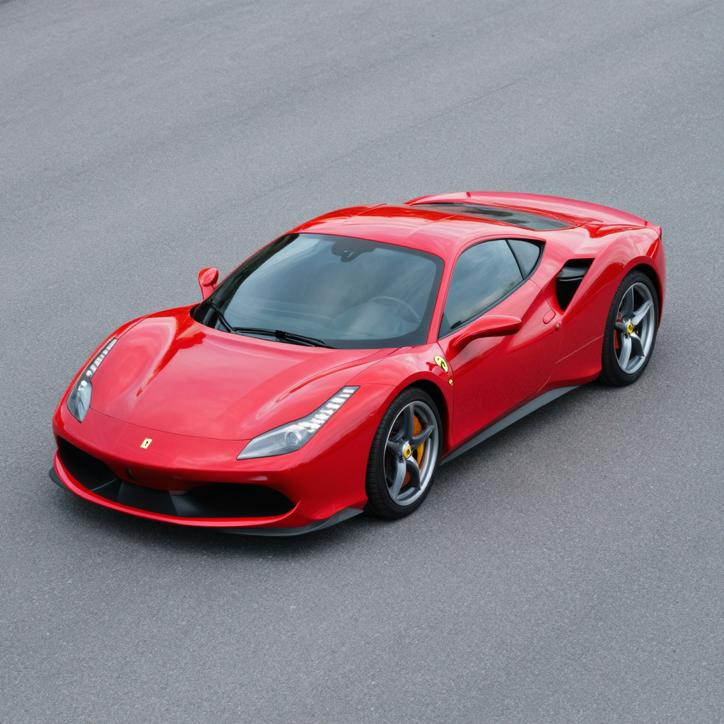 A bright red sports car parked on a gray asphalt road — the 