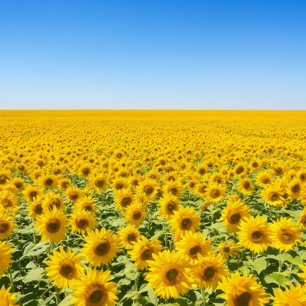 A field of pure sunflower yellow flowers under a clear blue 