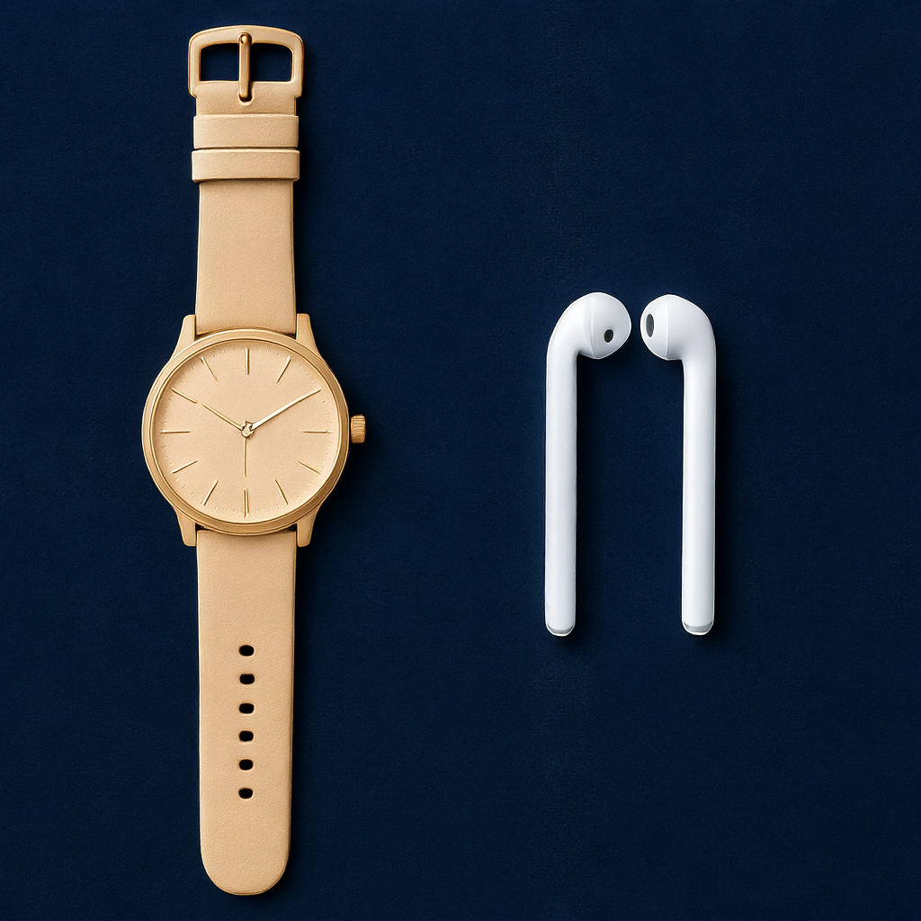A product flat-lay on a #1A1A2E (deep dark blue) background,