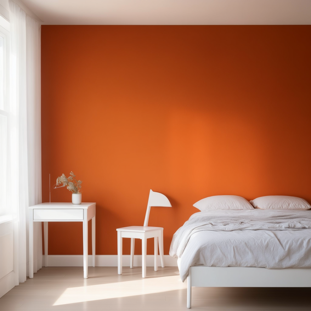 A bedroom wall painted in #FF6B35 (burnt orange) with white 