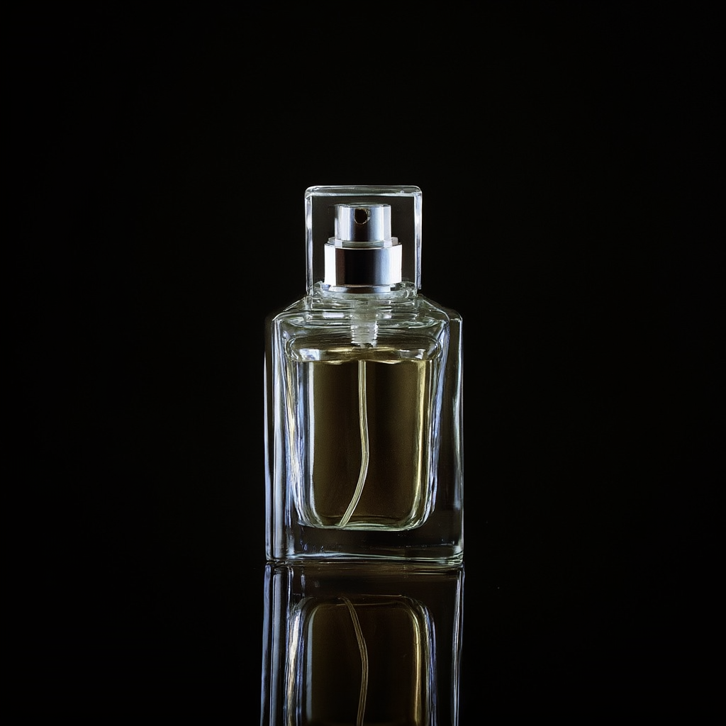 A clear glass perfume bottle on a reflective black surface w