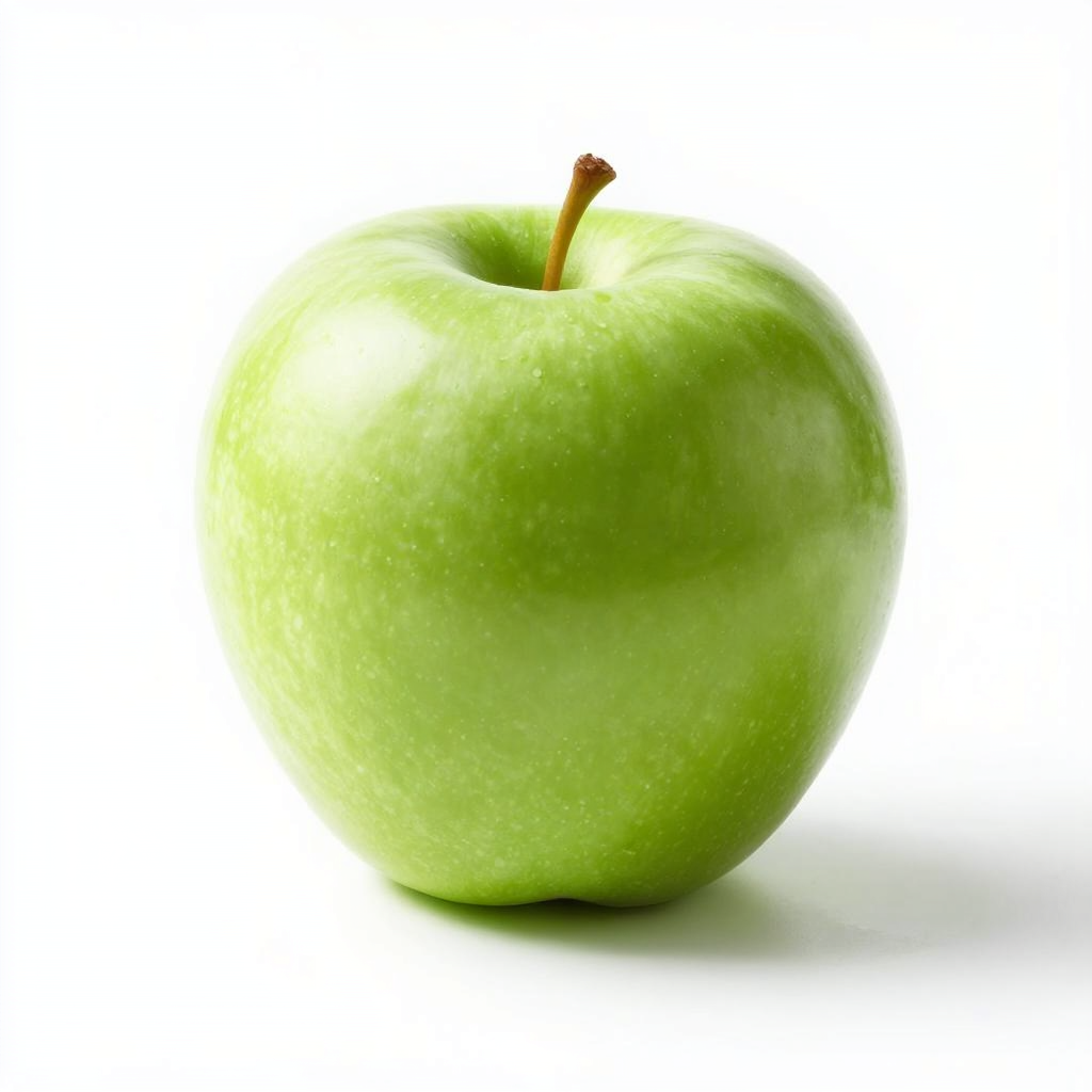 A ripe green apple on a seamless white background with soft 