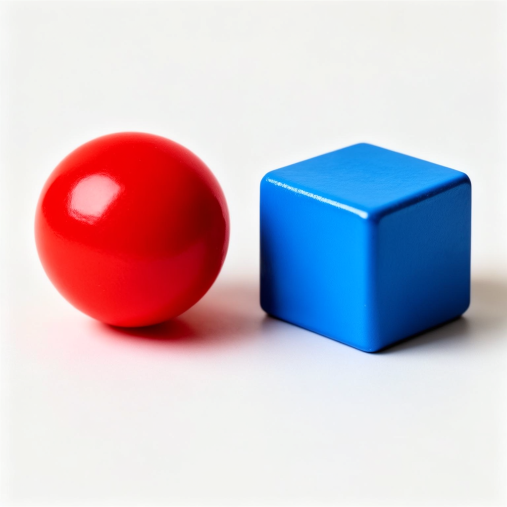 A red ball and a blue cube sitting side by side on a white s