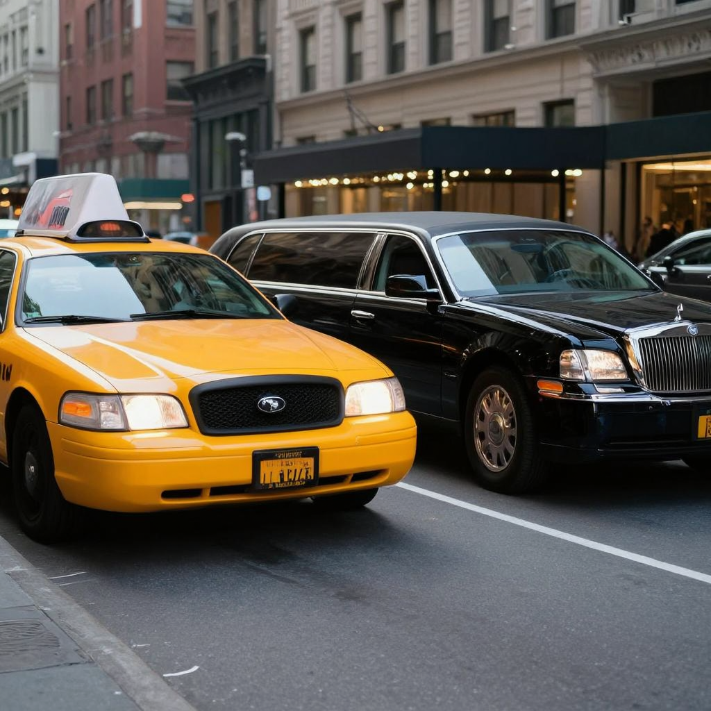 A yellow taxi and a black limousine parked next to each othe