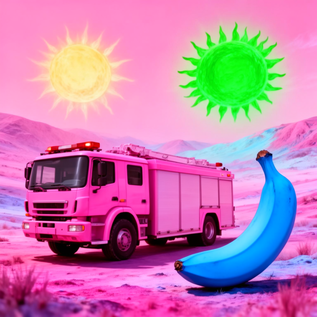 A pink fire truck, a blue banana, and a green sun in a surre
