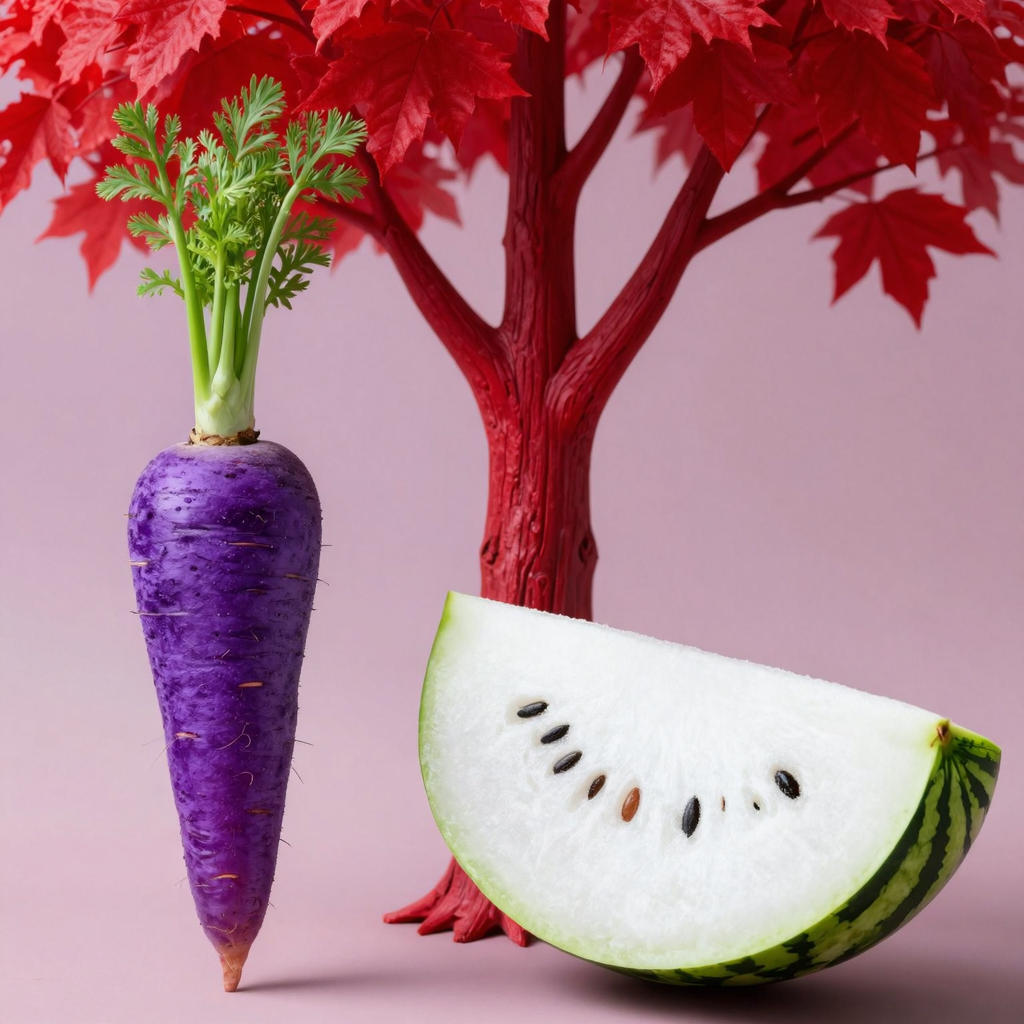 A purple carrot, a red tree with red leaves, and a white wat