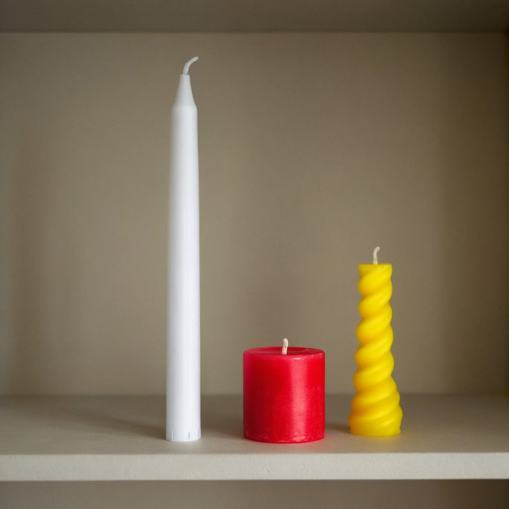A tall thin white candle, a short fat red candle, and a medi