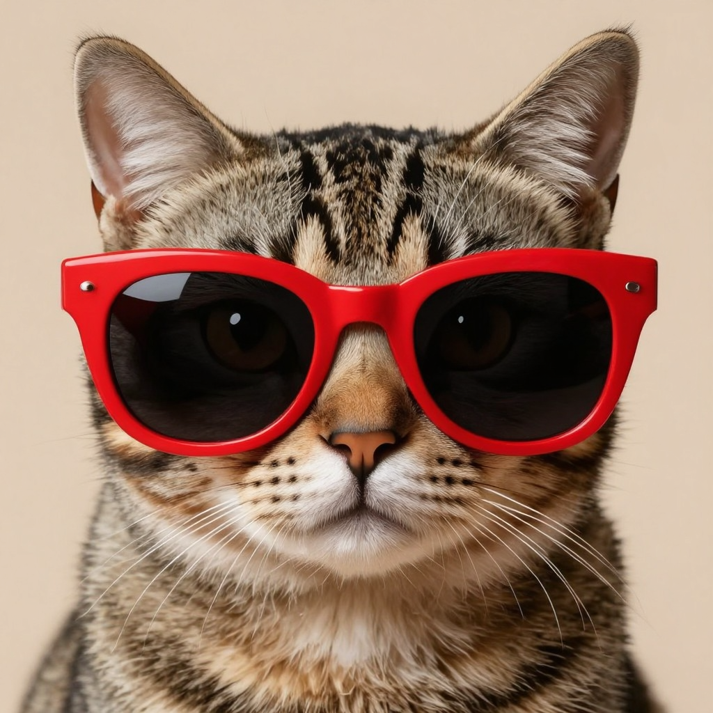 A tabby cat wearing oversized red sunglasses
