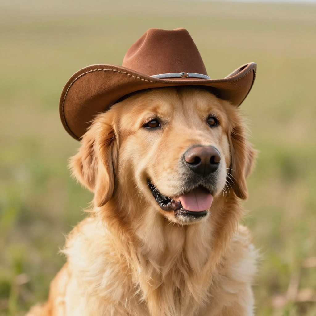 A golden retriever wearing a tiny cowboy hat