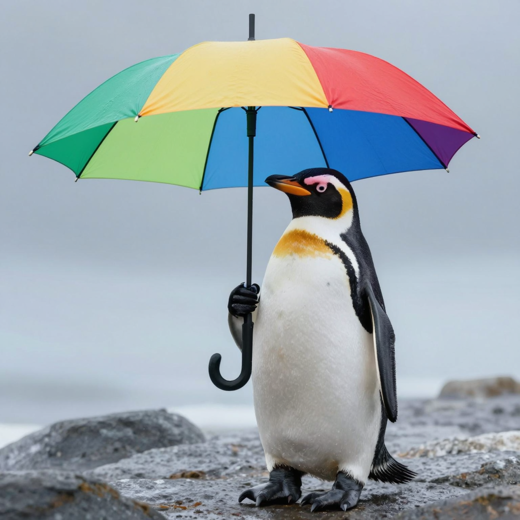 A penguin holding a colorful umbrella