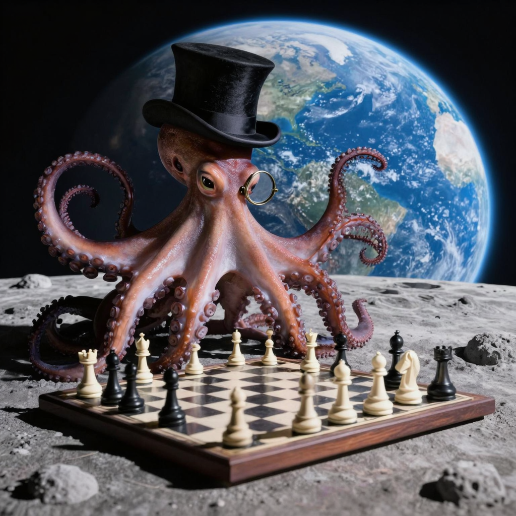 An octopus wearing a top hat and monocle playing chess on th