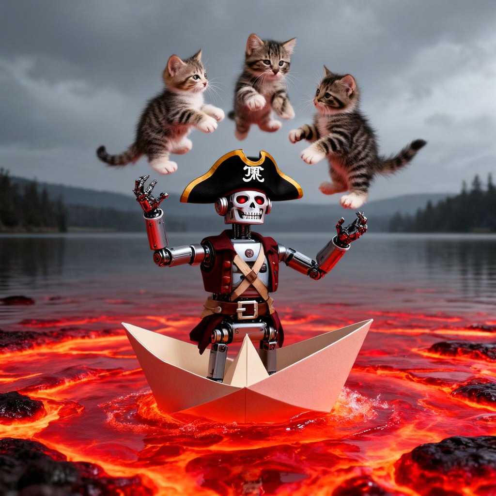 A robot dressed as a pirate sailing a paper boat on a lake o