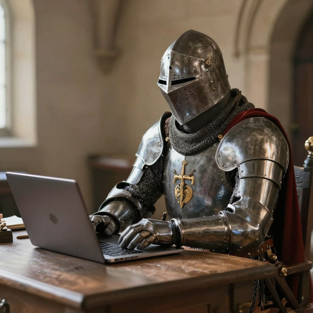 A medieval knight in full armor sitting at a desk typing on 