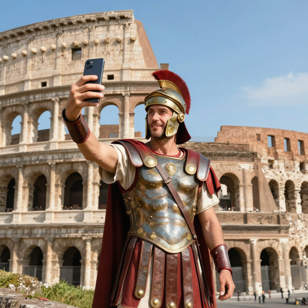 A Roman gladiator taking a selfie with a smartphone in the C