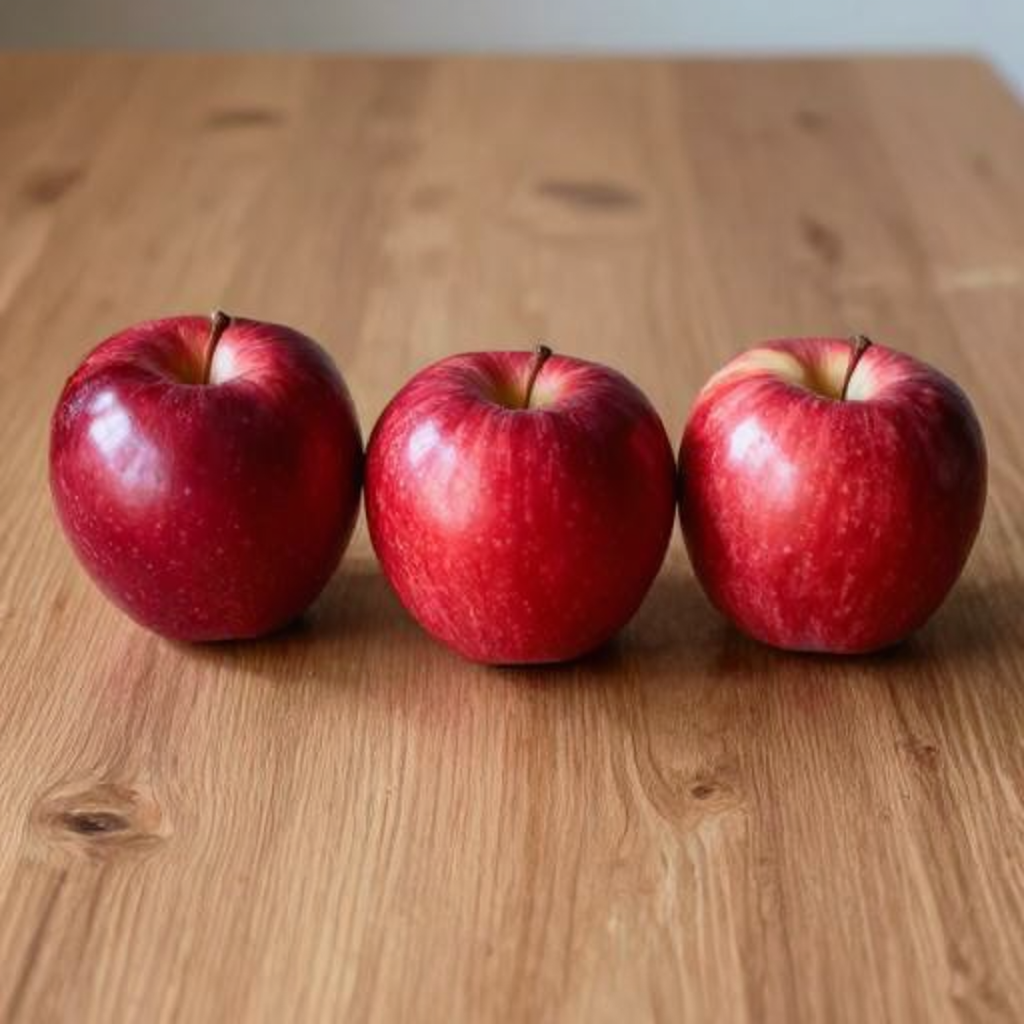 Exactly 3 red apples arranged on a wooden table