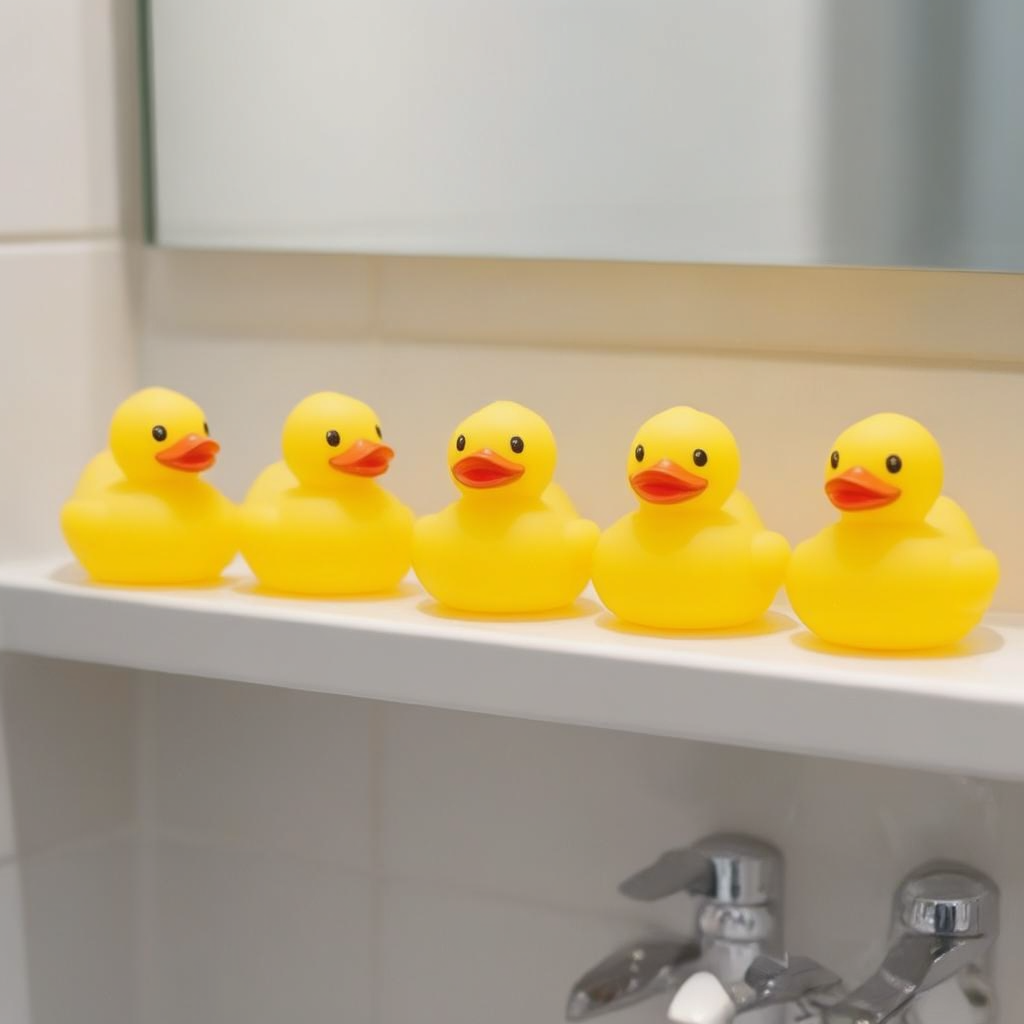 Exactly 5 yellow rubber ducks sitting in a row on a bathroom
