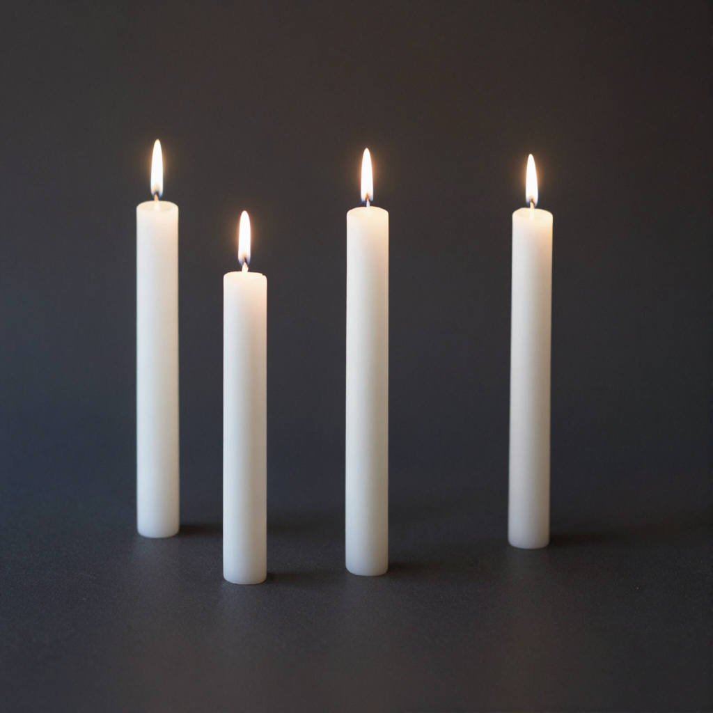 Exactly 4 white candles standing on a dark surface