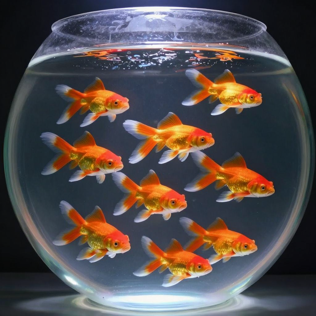 Exactly 9 goldfish swimming in a large round fishbowl