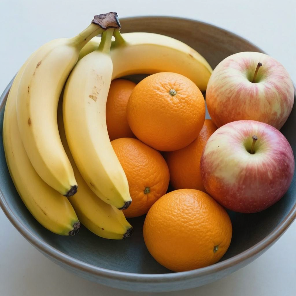 A fruit bowl containing exactly 3 bananas, 4 oranges, and 2 