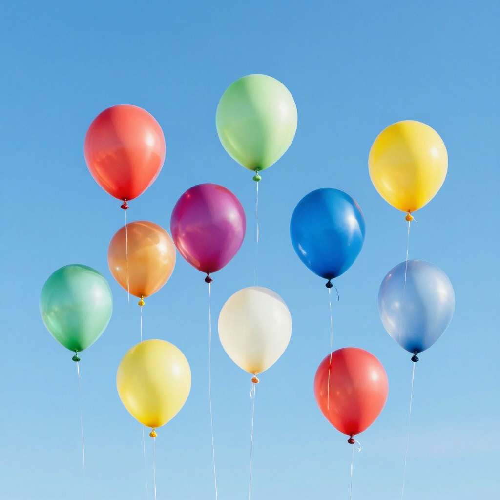 Exactly 11 colorful balloons floating against a clear blue s