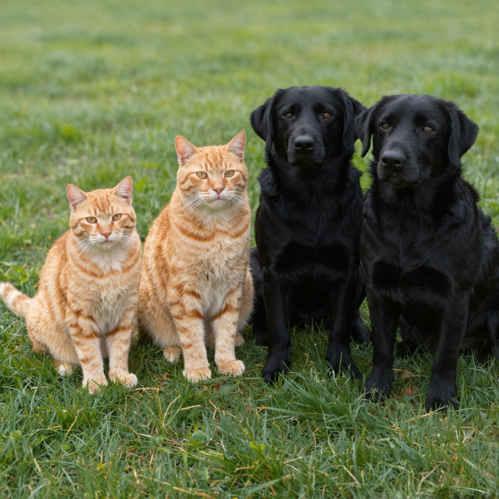 2 orange cats and 3 black dogs sitting together on a grassy 