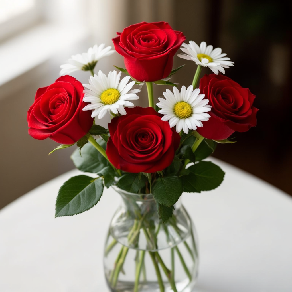 4 red roses and 2 white daisies in a glass vase on a table