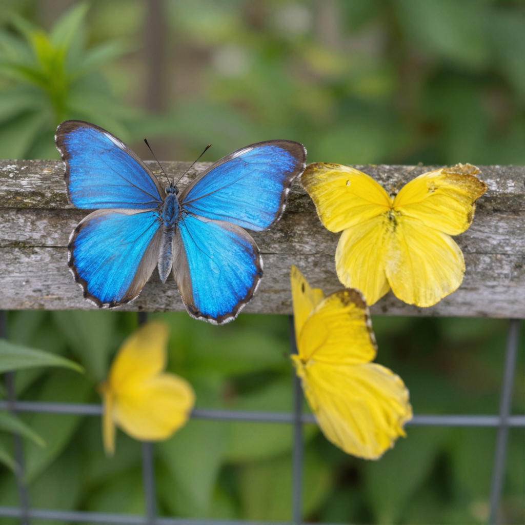 1 blue butterfly and 3 yellow butterflies resting on a garde