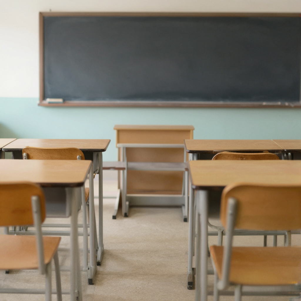 A classroom with desks and a chalkboard but no students