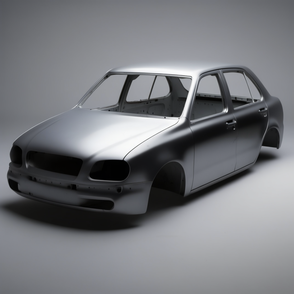 A car body with windows, doors, and headlights but no wheels