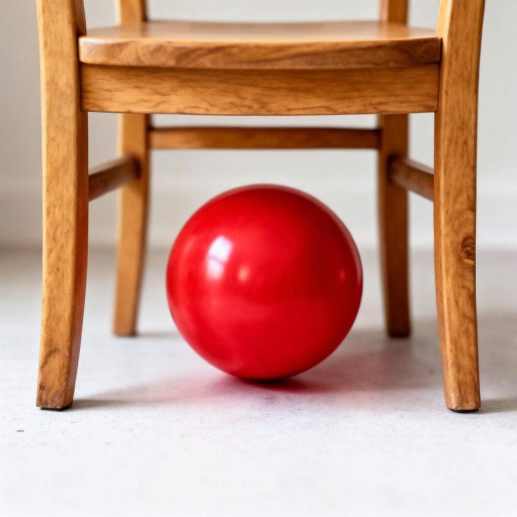 A red ball underneath a wooden chair