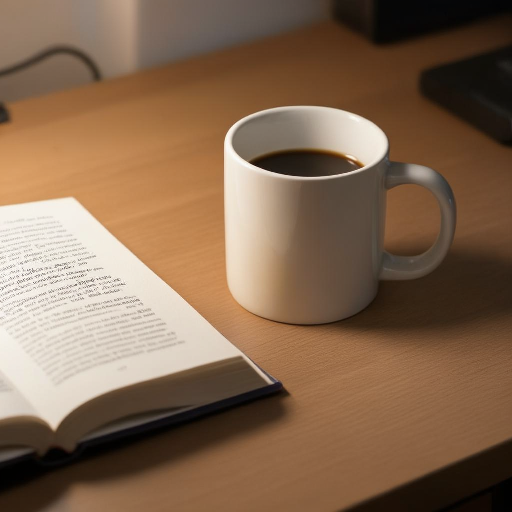 A coffee mug next to an open book on a desk