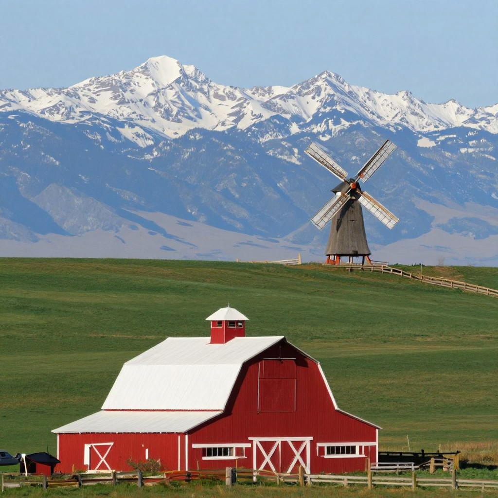 A landscape with a red barn in the foreground at large scale