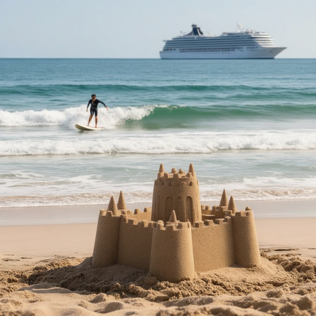 A beach scene with a sandcastle in the foreground, a surfer 
