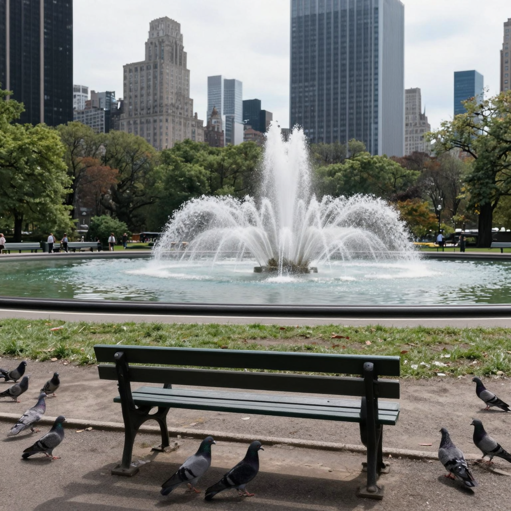 A city park with a park bench and pigeons in the foreground,