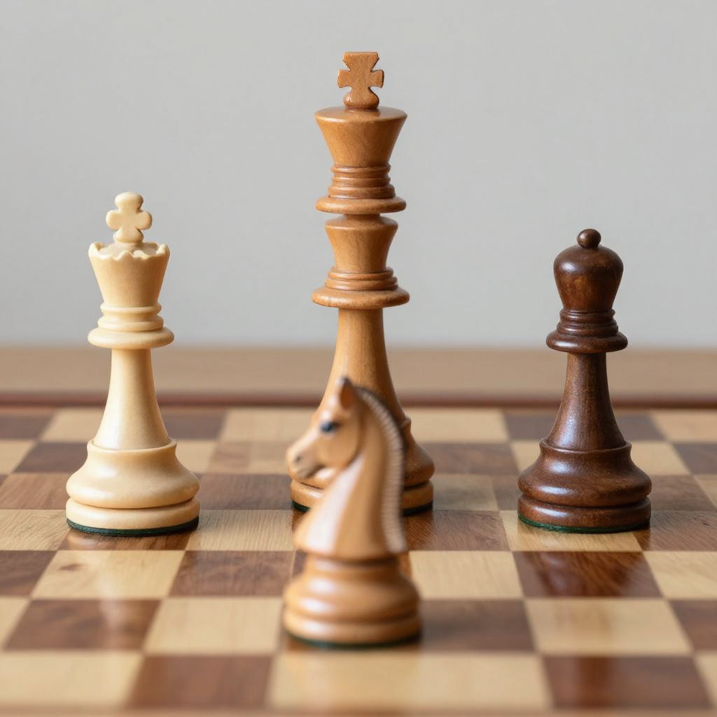 Five chess pieces on a board: a king in the center, a queen 