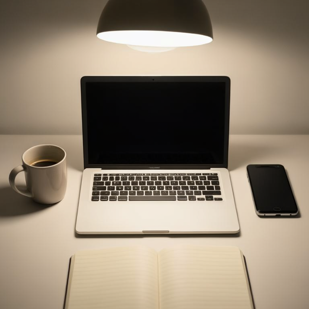 A desk scene: laptop in the center, coffee mug to the left, 