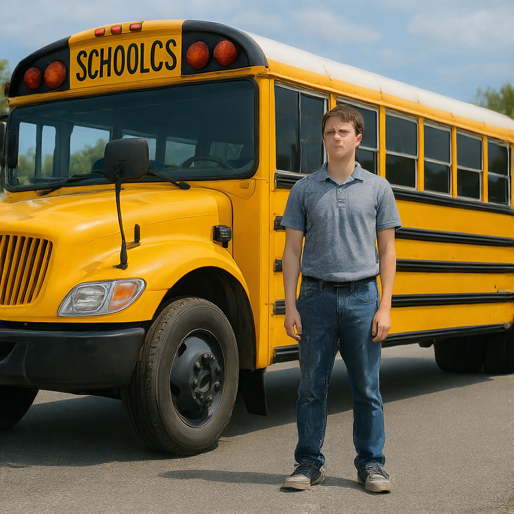 A person standing next to a yellow school bus, showing reali