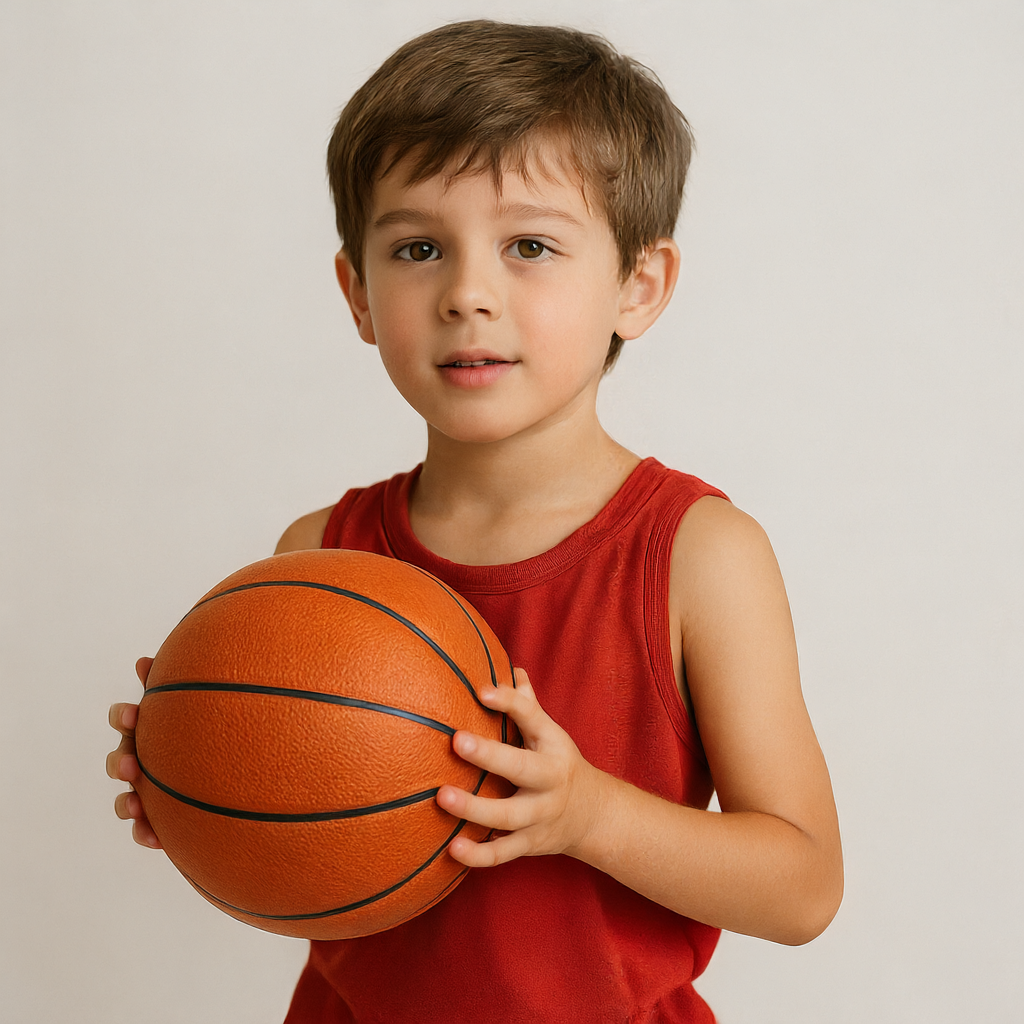 A child holding a basketball, both at correct relative sizes