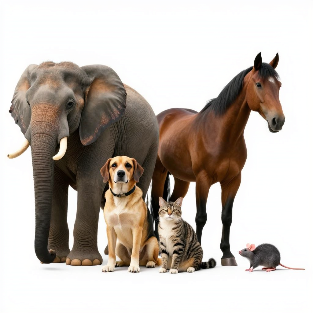 A group photo of an elephant, a horse, a dog, a cat, and a m