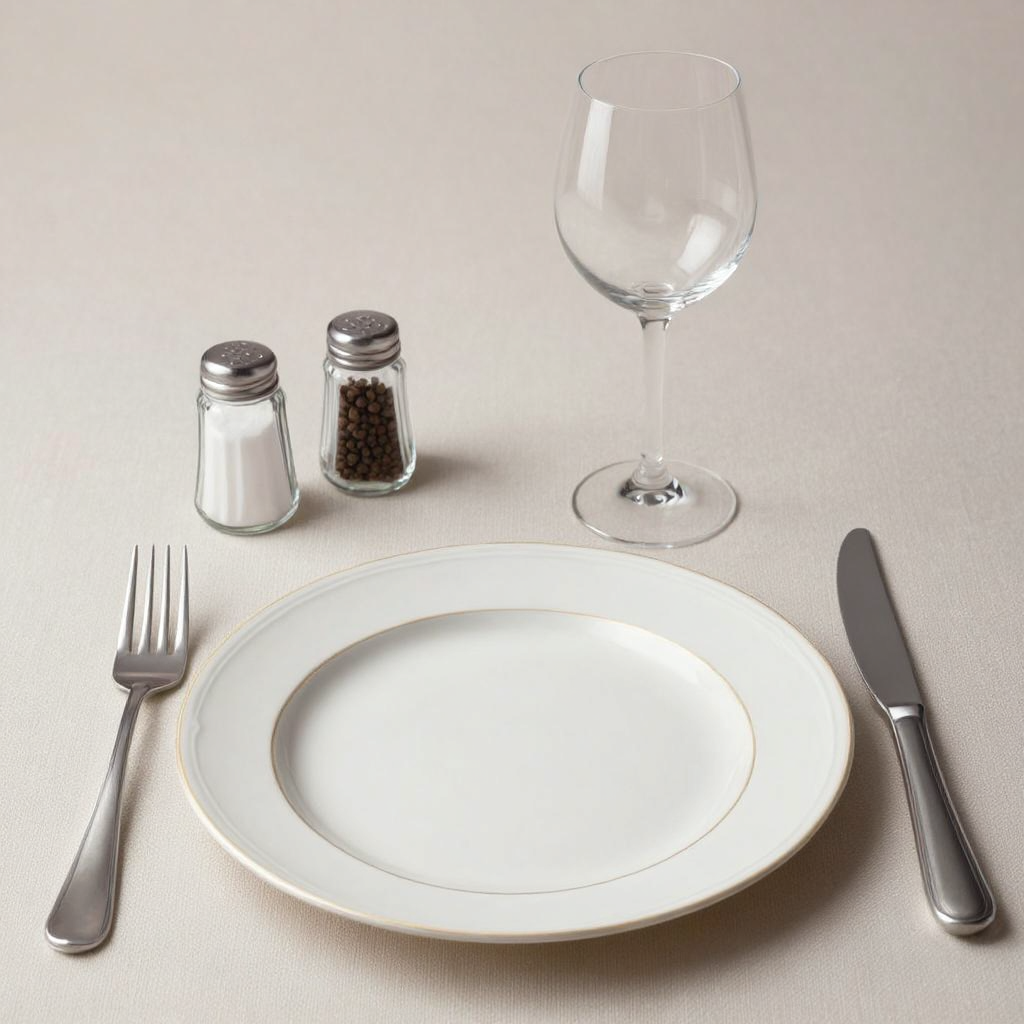 A dinner table scene with a plate, fork, knife, wine glass, 