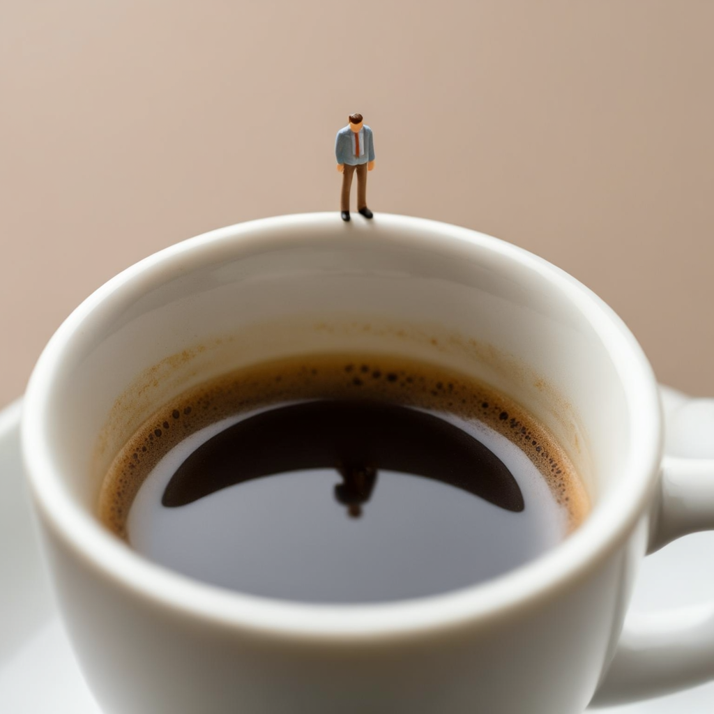 A tiny person standing on the rim of a coffee cup, looking d