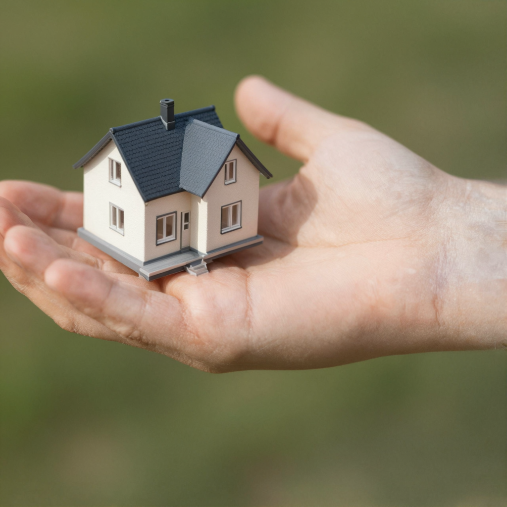 A miniature house sitting on the palm of someone's hand
