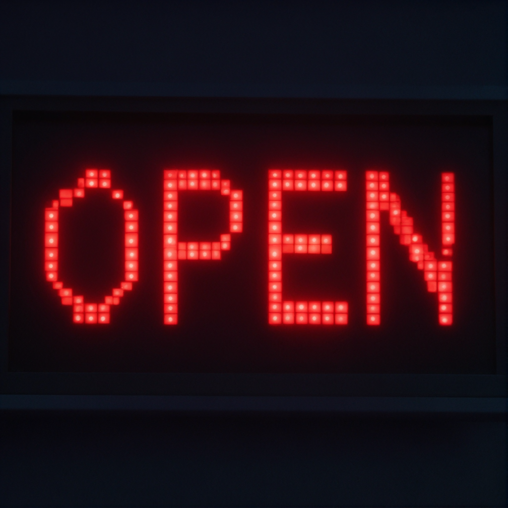The word 'OPEN' displayed on a red LED sign with glowing pix