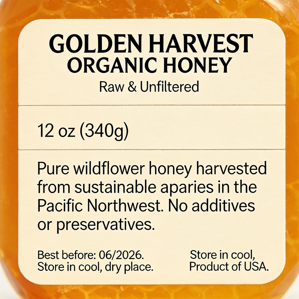A product label for 'GOLDEN HARVEST ORGANIC HONEY' with subt