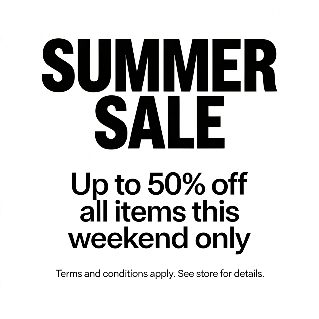 A poster with headline 'SUMMER SALE' in large bold text, bod