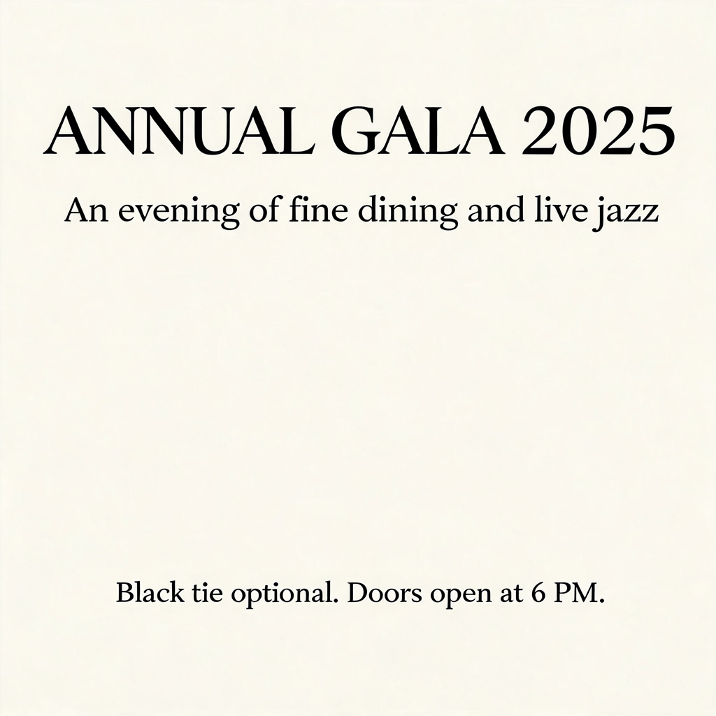 An event banner with headline 'ANNUAL GALA 2025' at the top 